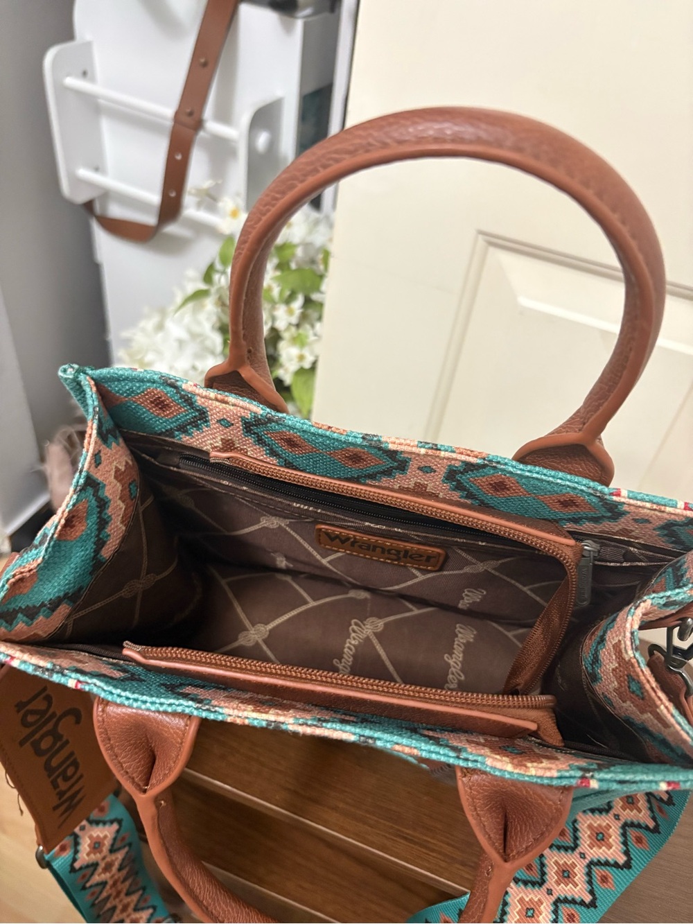 Wrangler Turquoise Aztec Satchel with Brown Accents - Picture 2 of 3